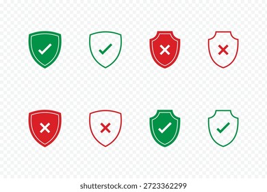 Shield Security Icon Set. Check Mark, Cross, Lock, and Protection Symbols. Shield icons showing approved and rejected status. Two shields. a green checkmark and a red cross for approved and rejected