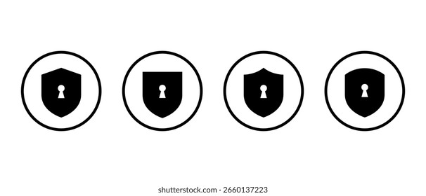 Shield security icon set in circular outline. Lock keyhole symbol in privacy protection badge