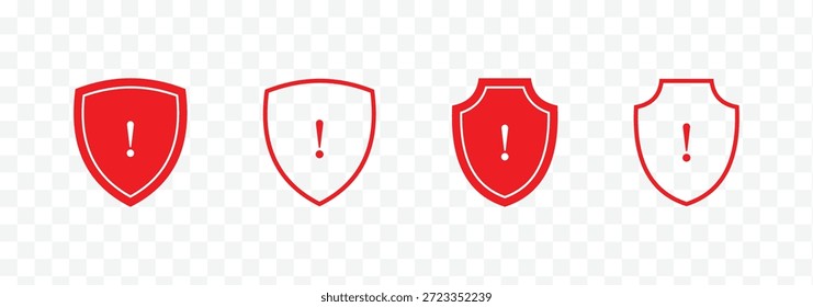 Conjunto de iconos de seguridad del escudo con el icono de información. Icono de escudo de advertencia. Cuatro iconos de escudo con signos de exclamación para alertas de advertencia. Icono de escudos de advertencia que indica precaución o alerta