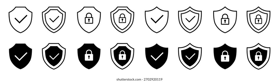 Shield security icon set, protection symbols, security icon with check mark and lock sign