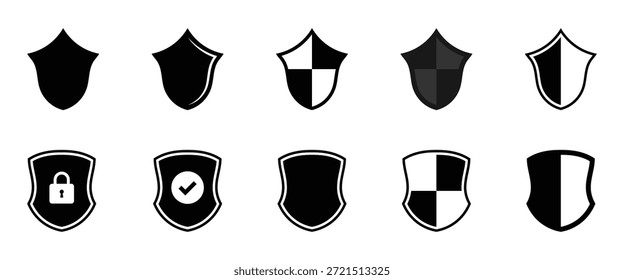 Ícone de segurança de blindagem definido, símbolos de proteção, ícone de segurança com marca de seleção e sinal de bloqueio. Vetor de ícone de marca de seleção de escudo. Vetor sobre fundo branco