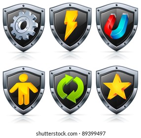 Shield security icons, in black color with instruments on white, vector illustration