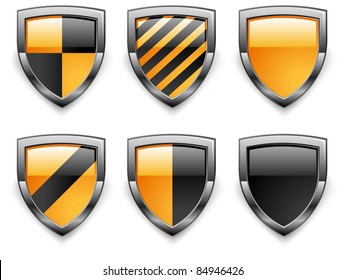 Shield security icons, in black & yellow color on white, vector illustration