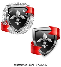 Shield security icons with lily, and red ribbon on white, vector illustration