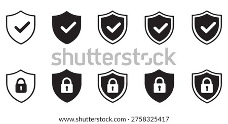 Shield Security Icons Set with Check Mark and Lock – Protection, Privacy, Verified and Data Safety Symbols, Line and Solid Vector Collection