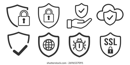 Shield security icons set. SSL protection and verified safety symbols on transparent background