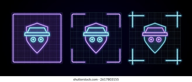 Shield security incognito hacker illustration, cyber neon visual, glowing border grid vector.
