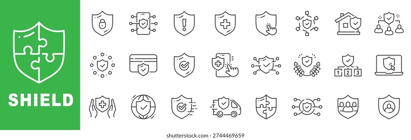 Shield security line icon set featuring cybersecurity, encryption, firewall, authentication, healthcare protection and editable stroke outline symbols.
