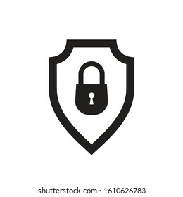 Shield security lock - black icon on white background vector illustration. Virus protection concept sign design. 