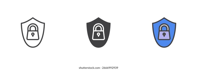Conjunto de iconos de estilo diferente de bloqueo de seguridad de escudo. Línea, glifo y contorno relleno versión colorida, contorno y signo de Vector relleno. Símbolo, ilustración del logotipo. Gráficos de Vector.