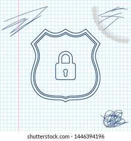 Shield security with lock line sketch icon isolated on white background. Protection, safety, password security. Firewall access privacy sign. Vector Illustration