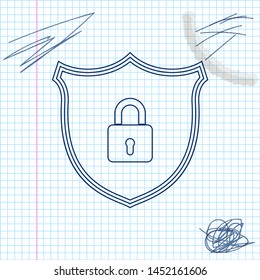 Shield security with lock line sketch icon isolated on white background. Protection, safety, password security. Firewall access privacy sign. Vector Illustration