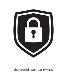 Shield security with lock symbol. Protection, safety, password security vector icon illustration. Firewall access privacy sign. Lock security icon for login page. Website guard emblem.