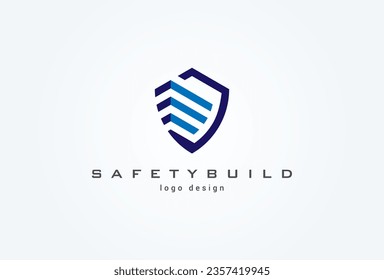 Shield Security logo. Shield with building icon combination. Flat Vector Logo Design Template. vector illustration