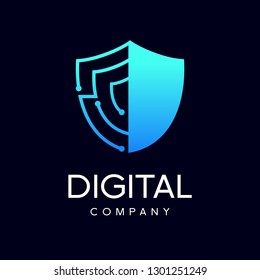 Shield Security Logo Design Vector.  Digital Security Guard Symbol Icon. Gradient Blue. Protection Shield Vector With Technology Symbol.