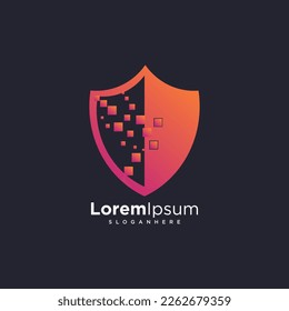 Shield security logo design vector. Security guard symbol icon. Protection shield vector with technology symbol, Shield Idea logo design inspiration