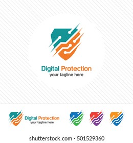 Shield Security Logo Design Vector. Security Guard Symbol Icon. Protection Shield Vector With Technology Symbol. 