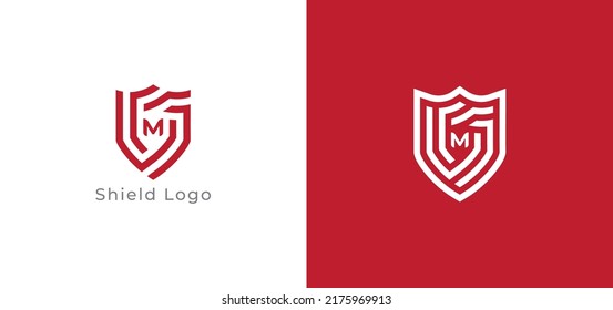 Símbolo del icono del logotipo de seguridad Escudo Diseño con la plantilla del logotipo de la ilustración de la letra M. Vector