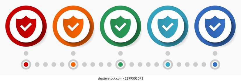 Shield, security, protection concept vector icon set, flat design colorful buttons, infographic template in 5 color options