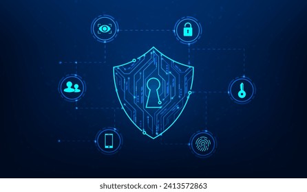 shield security protection digital technology on blue background. Security system prevent viruses and theft. cyber data shield internet online safety. vector illustration hi-tech.