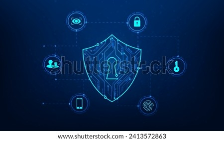 shield security protection digital technology on blue background. Security system prevent viruses and theft. cyber data shield internet online safety. vector illustration hi-tech.