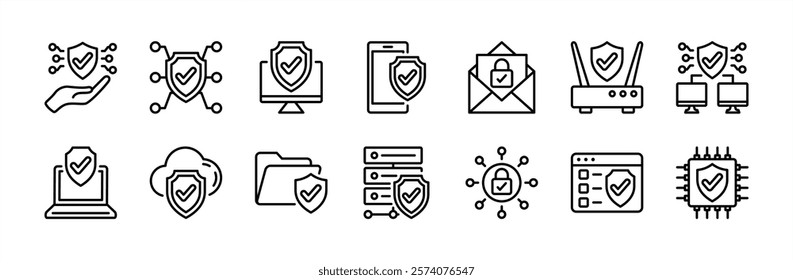 Shield security protection technology thin line icon vector set. Safety, secure, protect symbol. Contains cloud computing, server, big data storage, device, website, message, chips, cyber, encryption