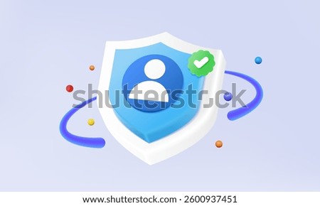 Shield security system protection confirm verified checkmark Account profile name personal online unlock username password login website or application network database. 3d vector icon. illustration