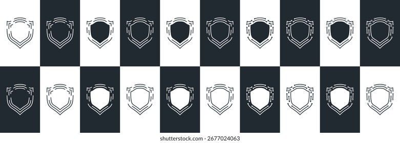 Conjunto de escudos. Colección de íconos, signos, logotipos o emblemas de líneas de escudo de seguridad. Ilustración vectorial