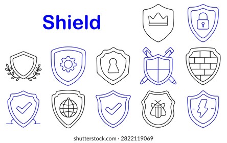 Shield set icon. Crown emblem, secure lock, fortress wall, crossed swords, global protection, cybersecurity badge, verification symbol, lightning defense, privacy security, medieval armor