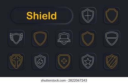 Shield set icon. Heraldic protection, defensive emblem, religious security, flame resistance, healthcare safety, military armor, decorative badge, guardian symbol, medieval insignia, secure framework