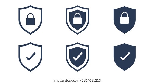 Icono de juego de escudos con candado y marca de verificación. Protección, seguridad, concepto de seguridad de contraseña. Ilustración vectorial aislada.