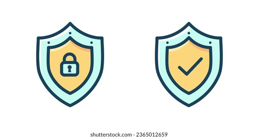 Shield set icon with padlock and check mark. Protection, security, password security concept. Isolated vector illustration.