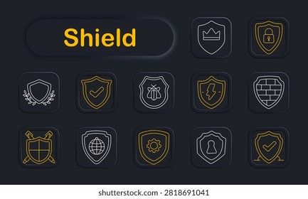 Shield set icon. Security emblem, verification badge, antivirus protection, cybersecurity firewall, armored defense, crossed weapons, global safety, mechanical privacy, access restriction, trusted certification