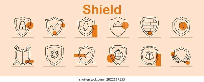 Shield set icon. Security locking, verified approval, electric defense, royal emblem, firewall barrier, protected privacy, crossed weaponry, mechanical settings, successful validation, global safety