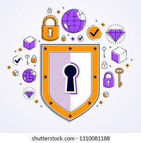 Shield and set of icons, internet security concept, antivirus or firewall, finance protection, vector flat thin line design, elements can be used separately.