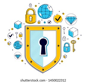 Shield and set of icons, internet security concept, antivirus or firewall, finance protection, vector flat thin line design, elements can be used separately.