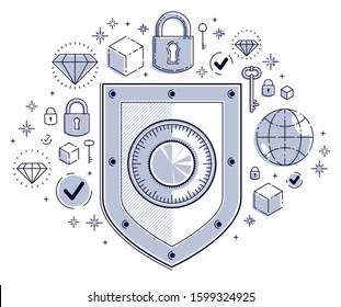 Shield and set of icons, internet security concept, antivirus or firewall, finance protection, vector flat thin line design, elements can be used separately.