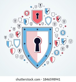 Shield and set of icons, internet security concept, antivirus or firewall, finance protection, vector flat thin line design, elements can be used separately.