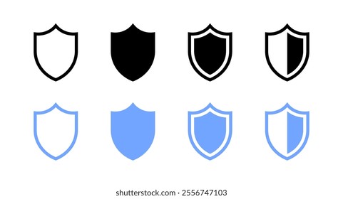 Shield set icons. Linear, silhouette and flat style. Vector icons.