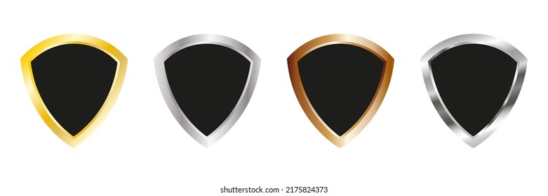 Juego de escudos. Colección de guardias de protección. Grupo de íconos de oro, plata y cobre. Ilustración vectorial aislada en blanco.