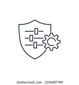 Schild und Einstellmechanismus. Verbesserung, Schutz aktualisieren, Sicherheit .Lineares Vektorsymbol einzeln auf weißem Hintergrund.