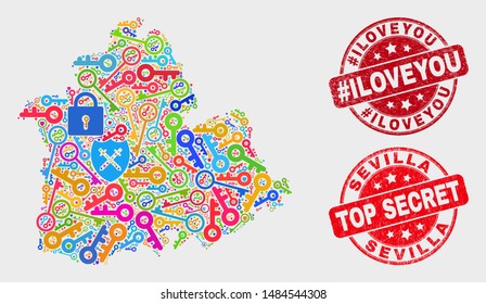 Shield Sevilla Province map and seal stamps. Red rounded Top Secret and #Iloveyou textured stamps. Colorful Sevilla Province map mosaic of different privacy icons.