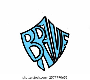 Shield shape BRAVE vector logo in blue color white background