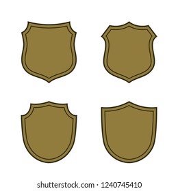 Shield shape bronze icons set. Simple flat logo on white background. Symbol of security, protection, safety, strong. Element badge for secure protect design emblem decoration. Vector illustration