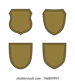 Shield shape bronze icons set. Simple flat logo on white background. Symbol of security, protection, safety, strong. Element badge for secure protect design emblem decoration. Vector illustration