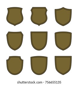 Shield shape bronze icons set. Simple flat logo on white background. Symbol of security, protection, safety, strong. Element badge for secure protect design emblem decoration. Vector illustration