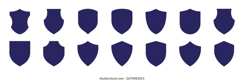 Colecciones de forma de escudo. Los escudos y las insignias dan forma a las colecciones. Ilustración vectorial. Conjunto de forma geométrica de insignia y escudo Paquete de activos azul oscuro