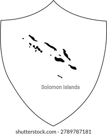 A shield shape contains a black outline map of the Solomon Islands with the text Solomon Islands below.