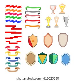 Shield shape, cup, ribbon set. Graphic antique heraldic badge. Colorful silhouette sign isolated on white background. Symbol of protection, arms, honor security. Design element. Vector illustration