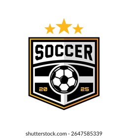 shield shape football logo badge with a soccer ball illustration. sport team logo vector template